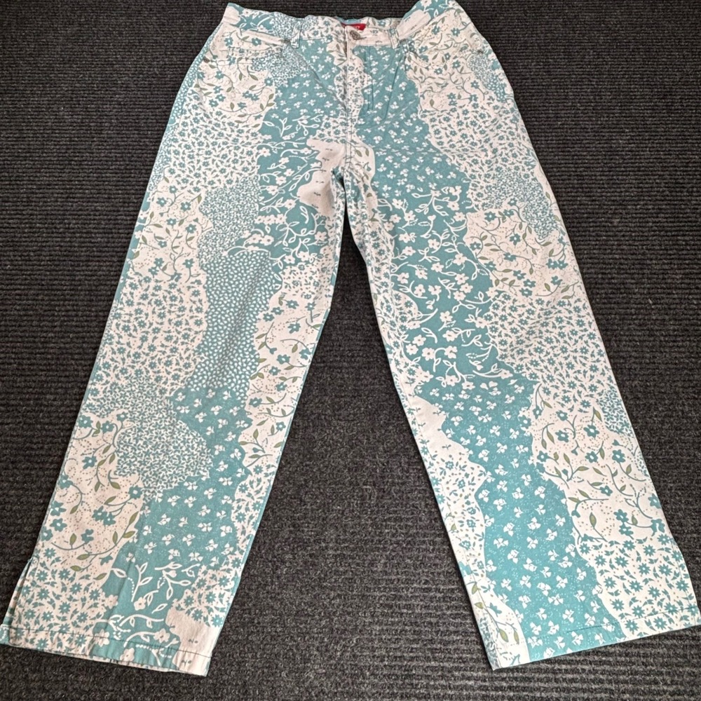 Gloria Vanderbilt Teal White Floral Patchwork Straight Leg Pants‎ Size 8 RN89828